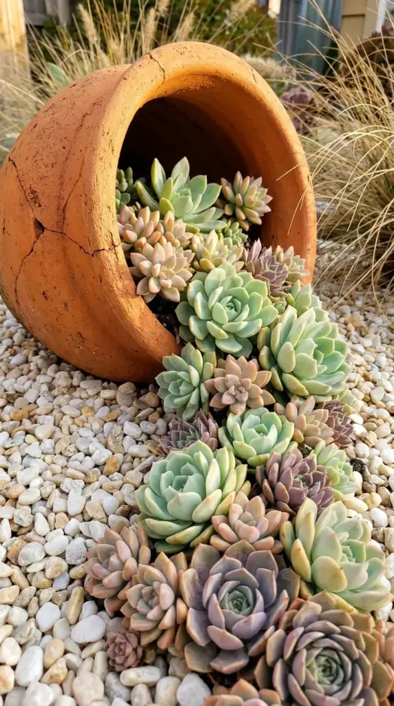 A tipped terra cotta pot with cascading succulents in a modern rock garden design.