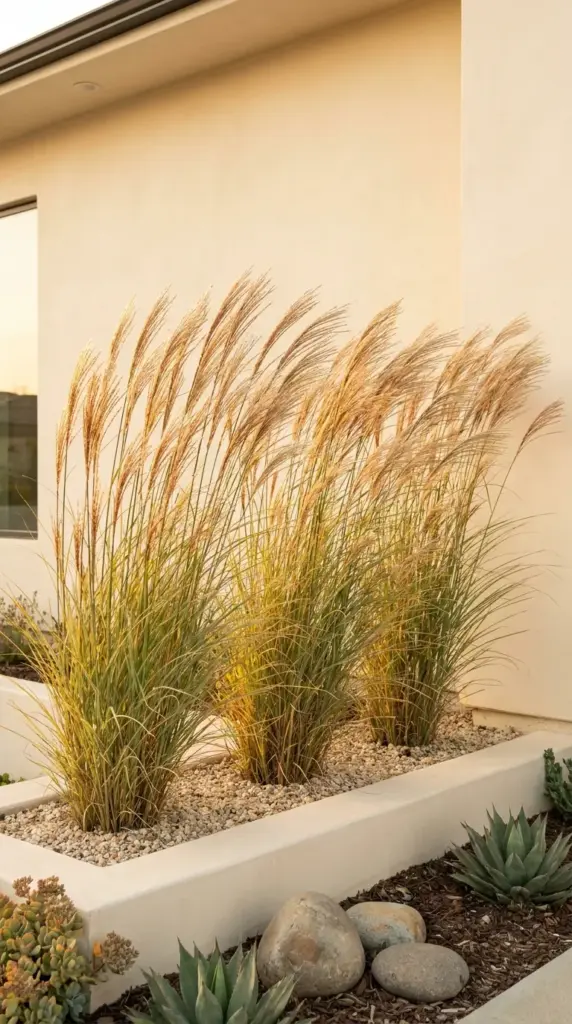 Tall ornamental grasses adding height and texture to a modern xeriscape front yard layout.