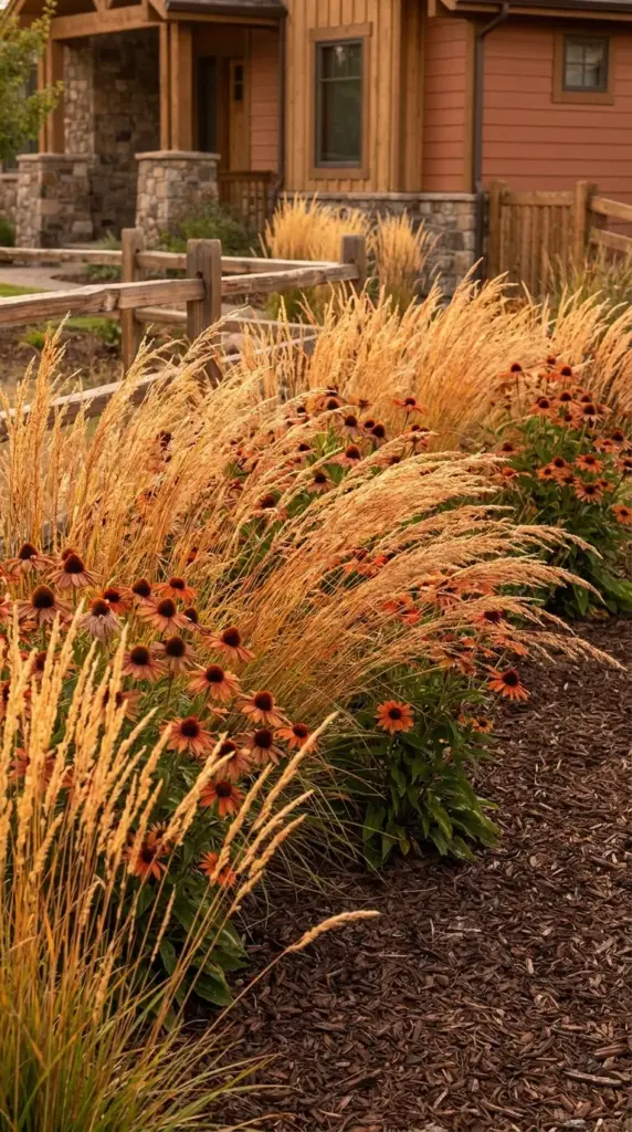 Textured terracotta meadow layout featuring amber ornamental grasses and deep organic mulch layers.