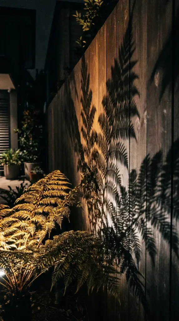 Dramatic leaf shadows projected onto a wooden fence using landscape shadow lighting.
