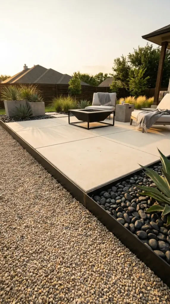 Modern backyard hardscaping with sleek concrete pavers, pea gravel, and a stylish fire pit instead of grass.
