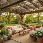 A beautiful outdoor living room patio idea featuring a wooden pergola with cozy furniture and lush container gardens.