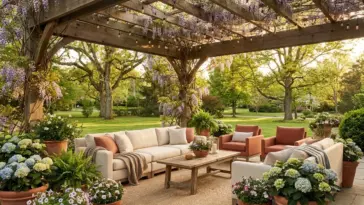A beautiful outdoor living room patio idea featuring a wooden pergola with cozy furniture and lush container gardens.