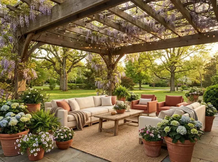 A beautiful outdoor living room patio idea featuring a wooden pergola with cozy furniture and lush container gardens.