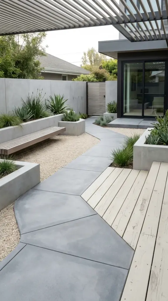 How to Design a Modern Drought Tolerant Landscape Without Overspending: The One Overlooked Flaw to Avoid 3 Budget friendly modern backyard ideas showing an asymmetric layout with a gravel patio and concrete pavers.