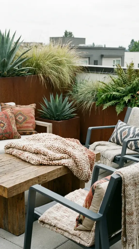 Cozy small patio seating area styled with heavily layered textures, patterned outdoor pillows, and mixed materials.