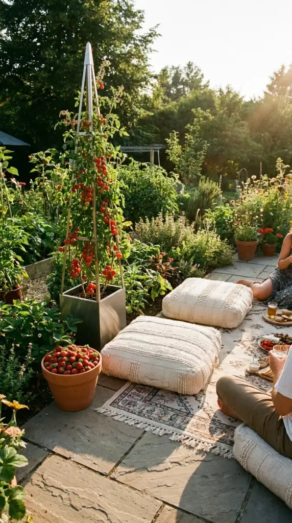 Floor cushions placed next to potted climbing tomatoes and cascading strawberries for an edible patio lounge.