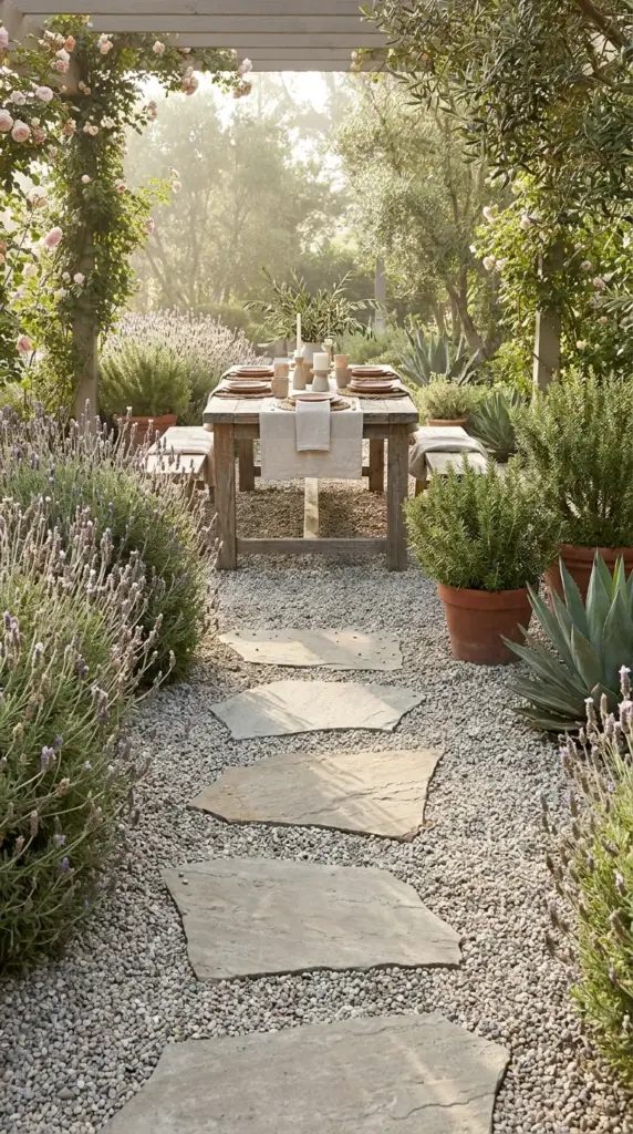 A European-style gravel patio bordered by drought-tolerant landscaping for a romantic outdoor room.