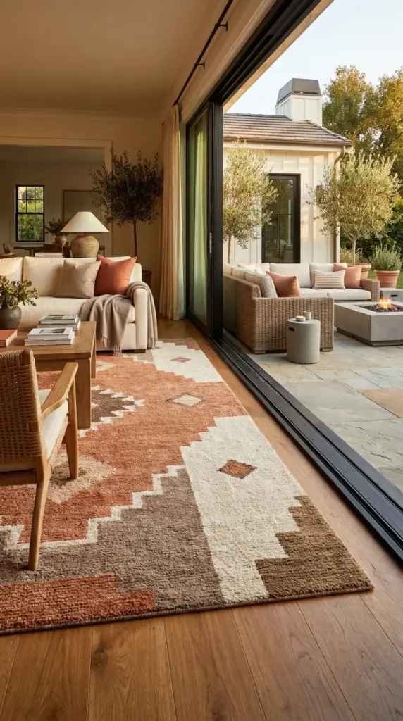Indoor-outdoor seamless patio lounge connected by an appropriately sized area rug.