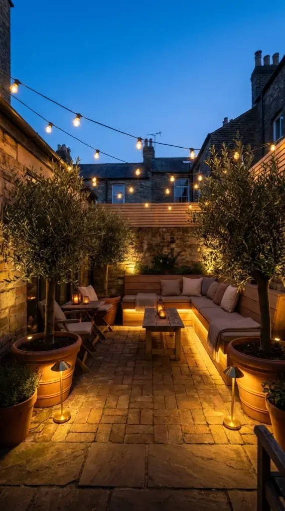 Layered outdoor lighting featuring string lights and hidden LEDs creating depth in a small backyard at dusk.