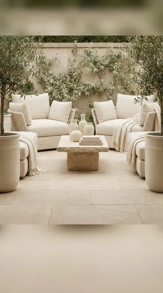 Monochromatic modern patio design using tonal textures to make the space feel much larger.