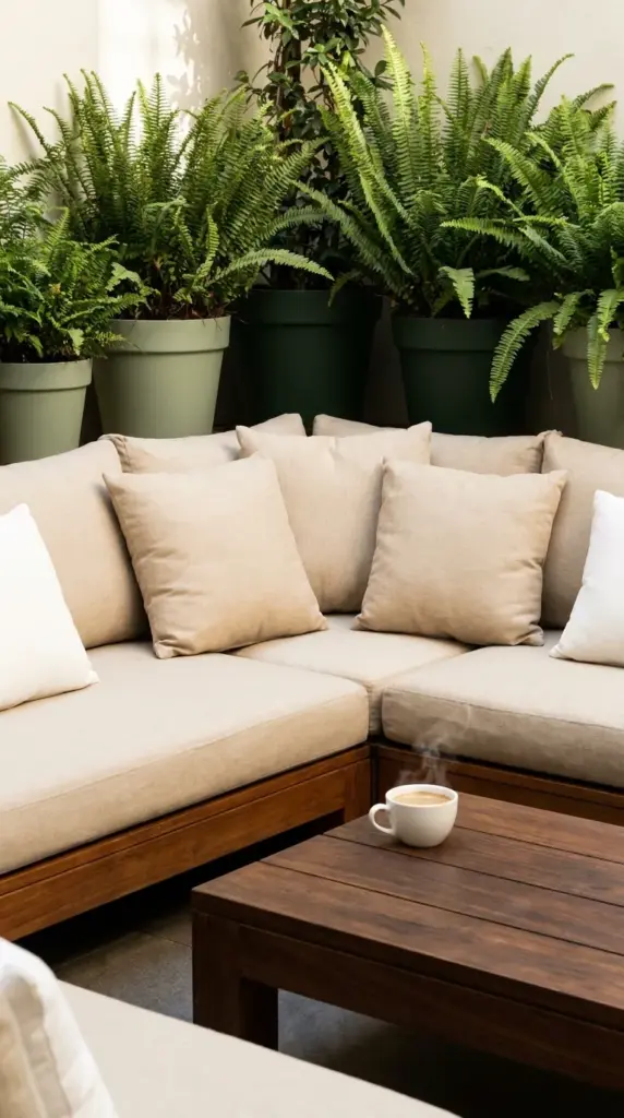 Large oversized outdoor sectional sofa used in a small patio layout to create a clean, uncluttered living space.