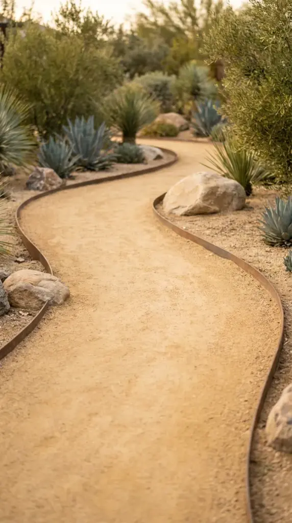 A smooth compacted decomposed granite path winding through a modern desert landscape design.