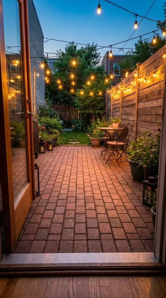 Small patio ideas using the running bond pavers layout to visually stretch a narrow backyard space.