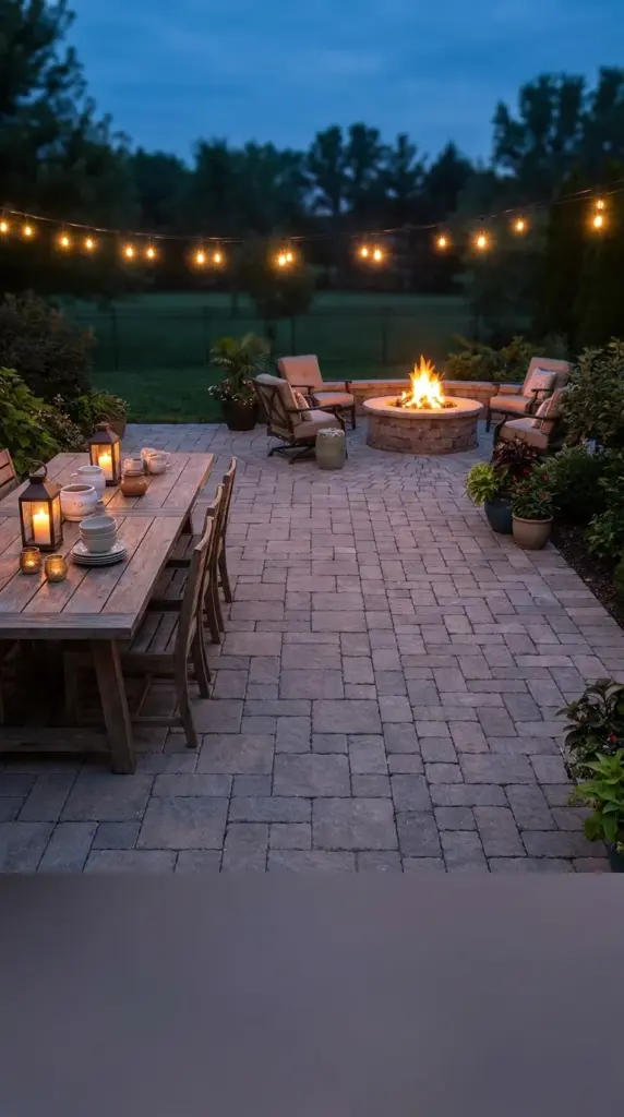 Patio zoning ideas showing different paver layouts to separate an outdoor dining space from a fire pit patio area.