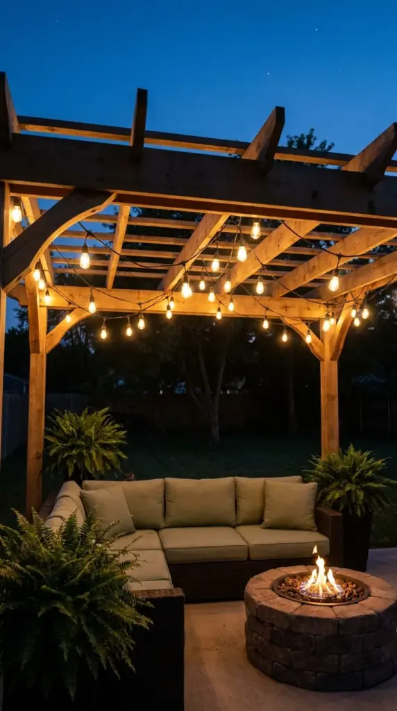 A cozy outdoor living space under a pergola lit up by hanging heavy-duty bistro string lights at night.