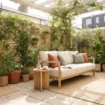 Beautifully styled private small patio design featuring layered potted plants, outdoor curtains, and slatted wood screens for backyard privacy.