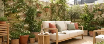 Beautifully styled private small patio design featuring layered potted plants, outdoor curtains, and slatted wood screens for backyard privacy.