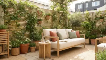 Beautifully styled private small patio design featuring layered potted plants, outdoor curtains, and slatted wood screens for backyard privacy.
