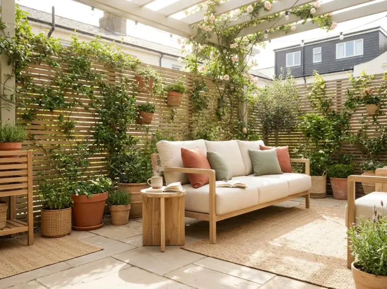 Beautifully styled private small patio design featuring layered potted plants, outdoor curtains, and slatted wood screens for backyard privacy.
