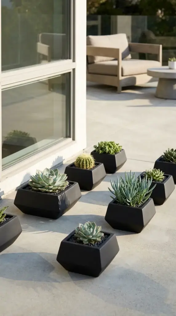 Minimalist patio garden layout with a geometric succulent arrangement and modern concrete planters.