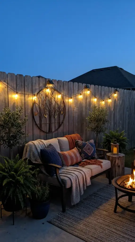 Cozy outdoor spaces featuring solar-powered string lights and metal decor on a wooden privacy fence at twilight.