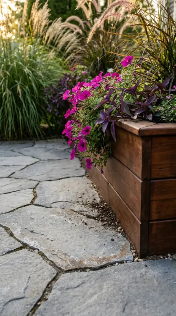 Backyard paver ideas blending directly into raised planter boxes for a seamless landscape design.