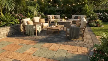 Beautiful expensive looking patio ideas with pavers in a lush backyard garden setting.