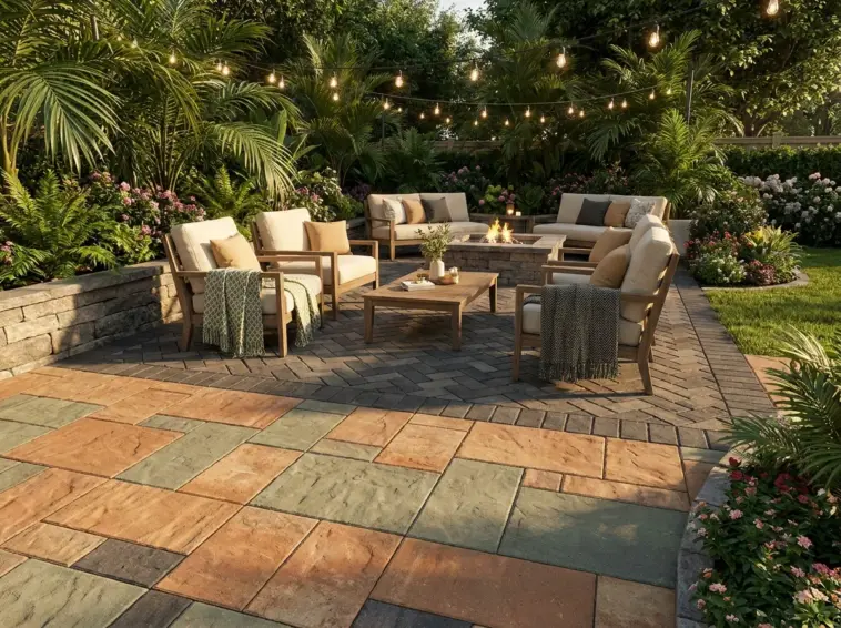 Beautiful expensive looking patio ideas with pavers in a lush backyard garden setting.