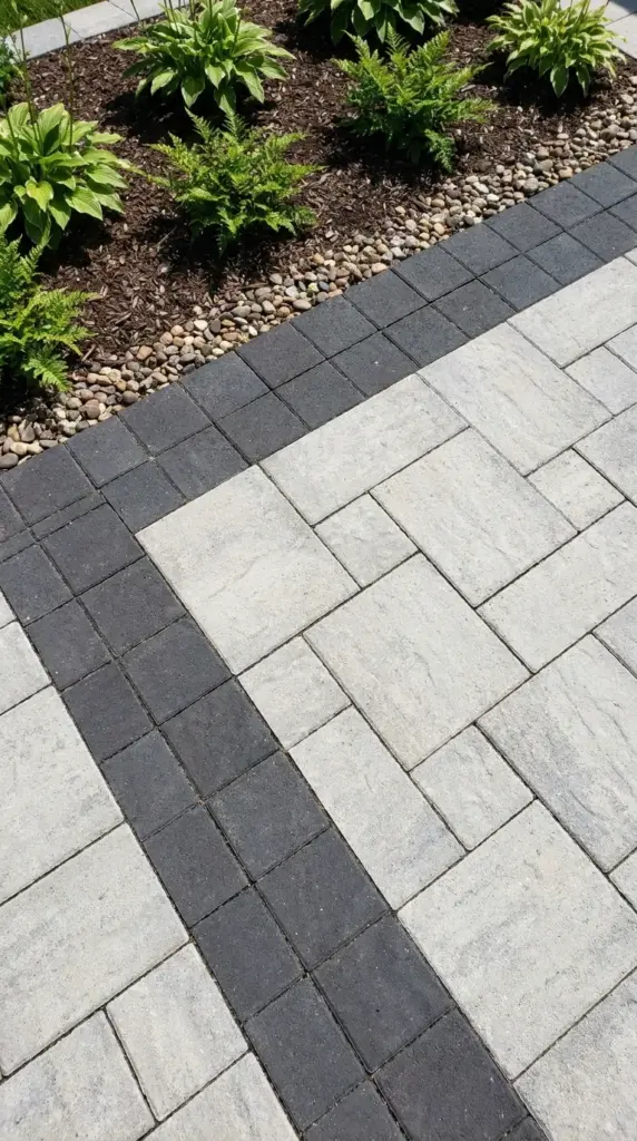 Contrasting paver border designs creating an expensive rug effect on a DIY paver patio.
