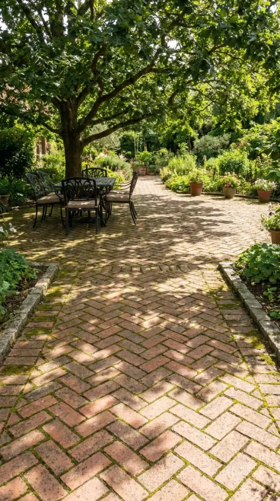 Classic herringbone patio layout using cheap patio pavers for a luxury backyard design.