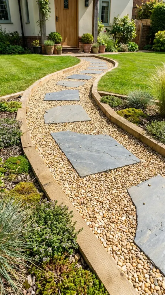 Budget-friendly gravel walkway with natural flagstone stepping stones in a front yard layout.