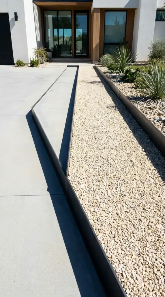 A modern gravel walkway DIY project replacing wasteful turf edges next to a driveway.
