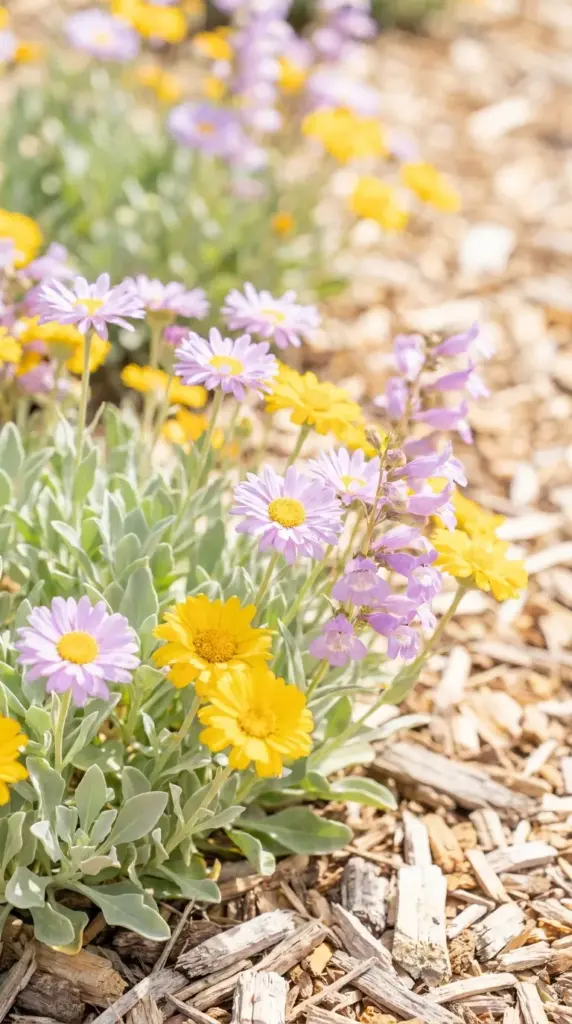 Vibrant native perennial plants blooming in a water-wise front yard garden.