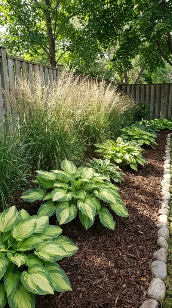 Low maintenance perennial flower beds with hostas and ornamental grasses covered in thick cedar mulch along a fence line.