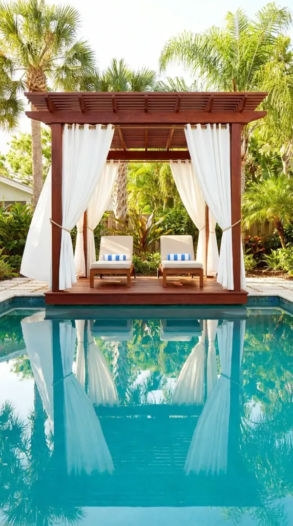 A luxury poolside cabana retreat featuring a small wooden pergola with flowing white curtains and lounge chairs.