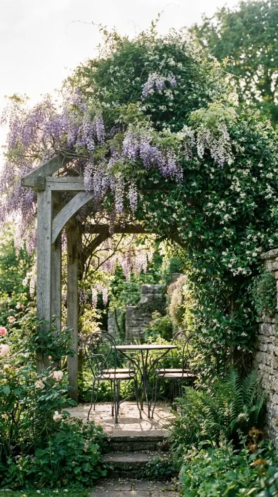 A lush secret garden patio design featuring a wooden pergola covered in blooming wisteria and climbing jasmine vines.