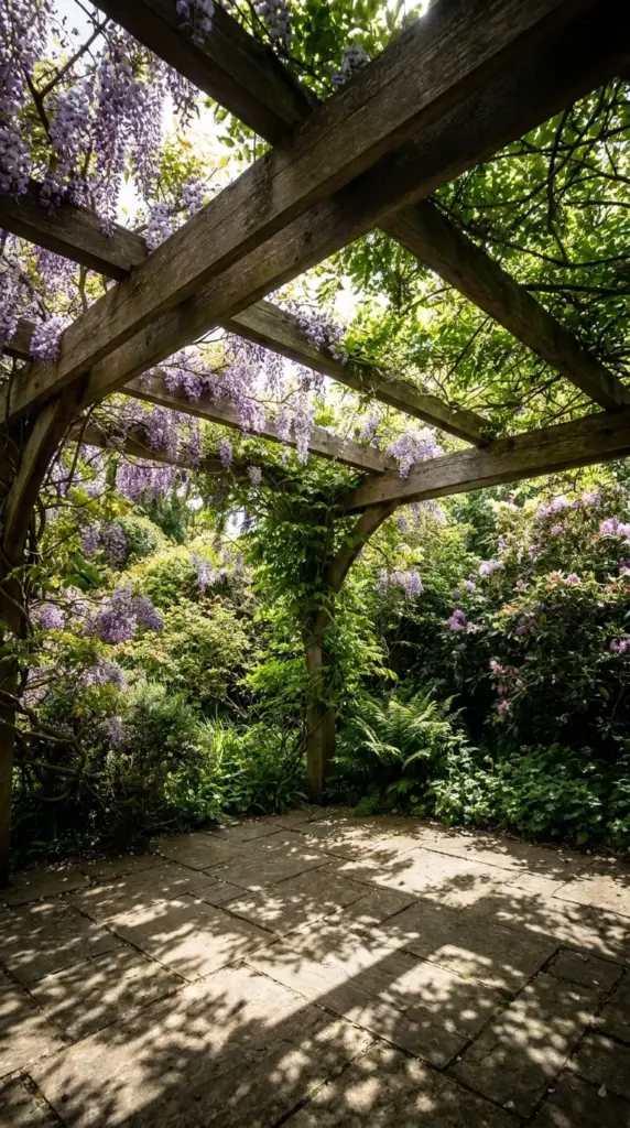 A living wooden pergola covered in climbing wisteria vines providing natural shade and a built in roof for an outdoor patio room.