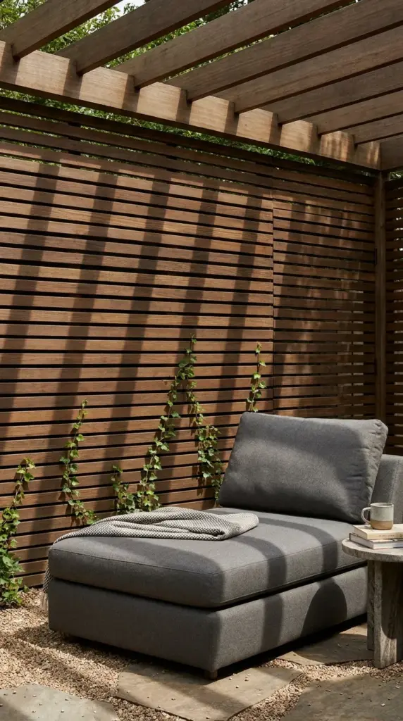 An outdoor backyard sanctuary featuring a wooden slatted pergola privacy wall blocking the wind and neighbors.