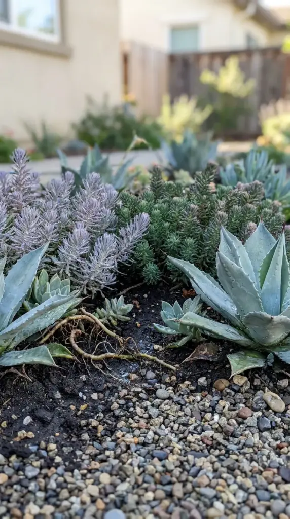The Hydro-Zoning Breakthrough from Desert Experts: A New Xeriscape Front Yard Method That Stays Lush without Water spikes 3 Close up of diverse low water plants grouped together using sustainable hydrozoning methods.