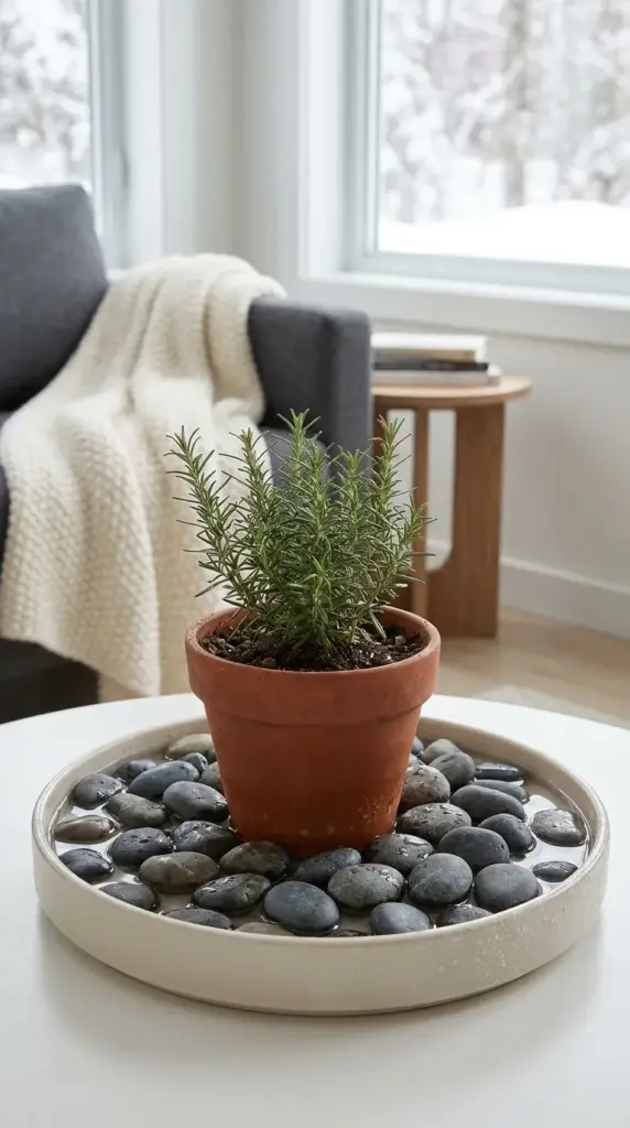 A potted rosemary plant sitting on an indoor humidity gravel tray filled with stones and water.