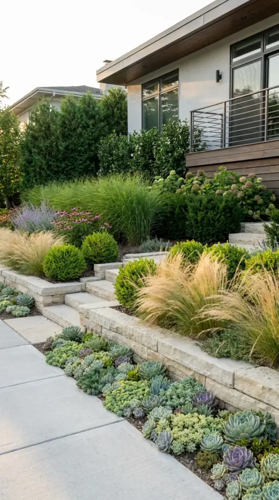Staggered landscape design showing height layering with low groundcovers and tall ornamental grasses to add depth to a small front yard.
