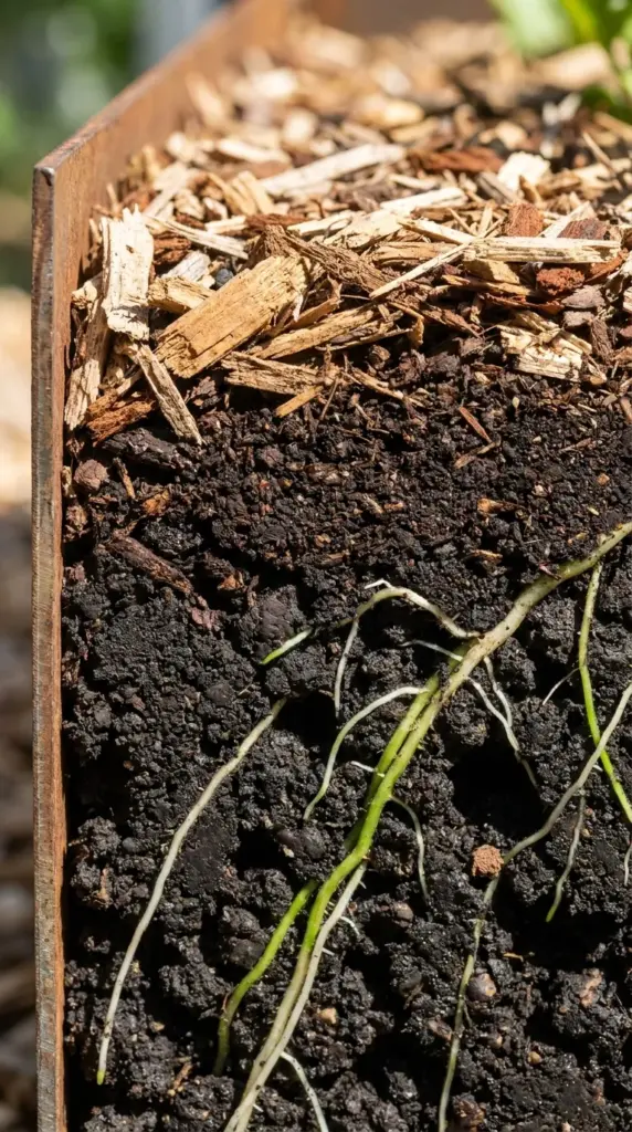 The ‘Hydro-Zoning Matrix’ Innovation: A New Discovery for Structuring a Drought Tolerant Landscape That Literally Waters Itself 3 Cross-section of healthy organic soil layers and thick mulch optimized for maximum water retention in a garden.