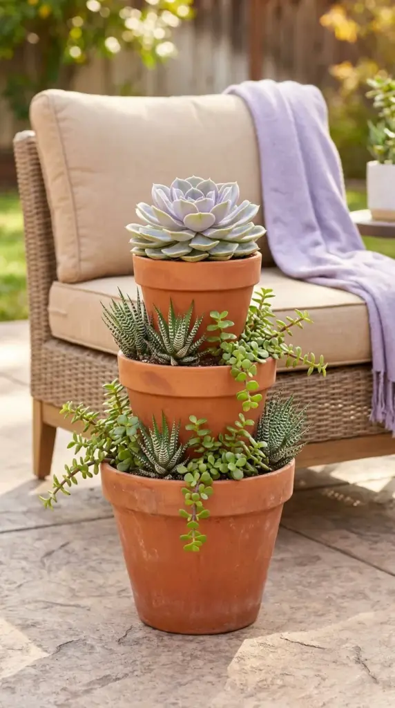 A vertical tiered terracotta pot tower filled with a minimalist potted succulent display on a patio.