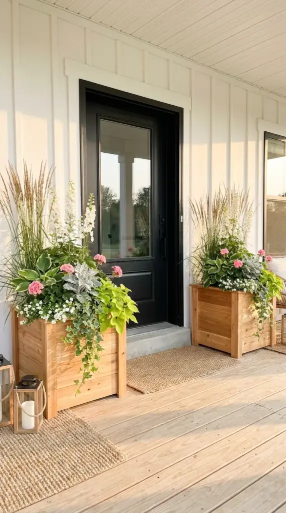 Symmetrical DIY cedar container planters styled with flowers on a front porch entryway.