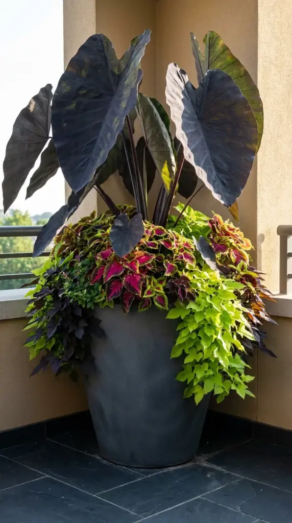 Large statement container garden using the thriller spiller filler method on a modern balcony.