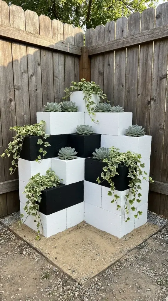 A modern DIY painted cinder block corner planter filled with green succulents and trailing ivy against a fence.