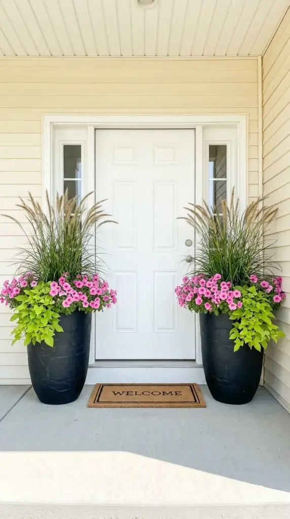 Symmetrical front door planters using the thriller filler spiller container gardening method.