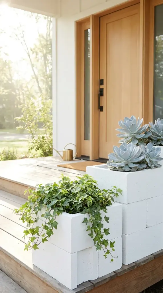 Budget friendly statement planters made from upcycled painted concrete blocks for modern container gardening DIY.