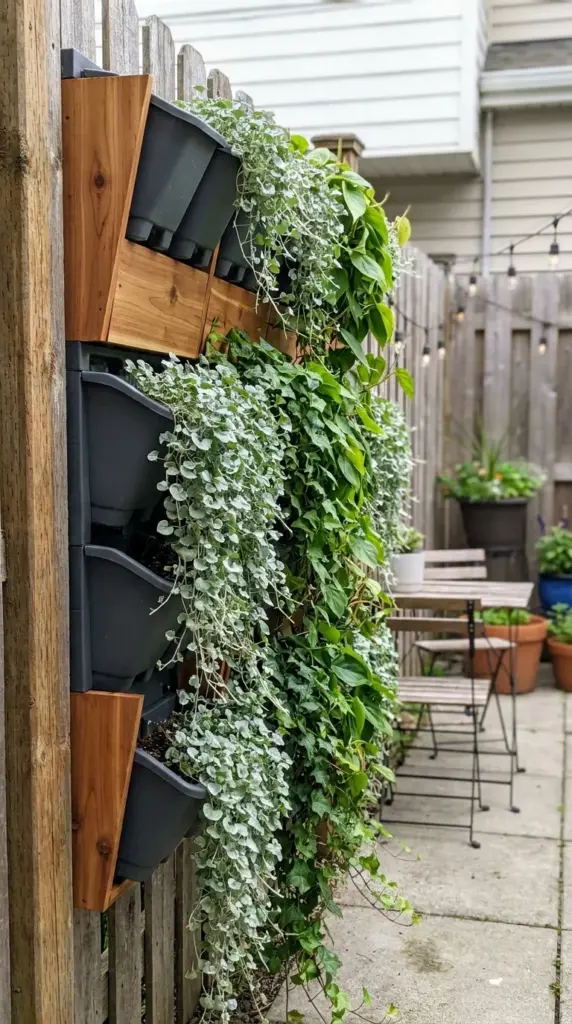 Modular vertical wall planters with cascading green trailing plants on a wood fence.